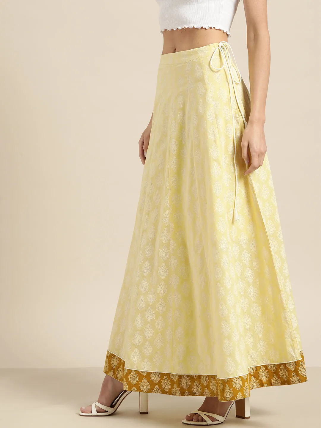 Women Yellow Floral Anarkali Skirt With Solid Border