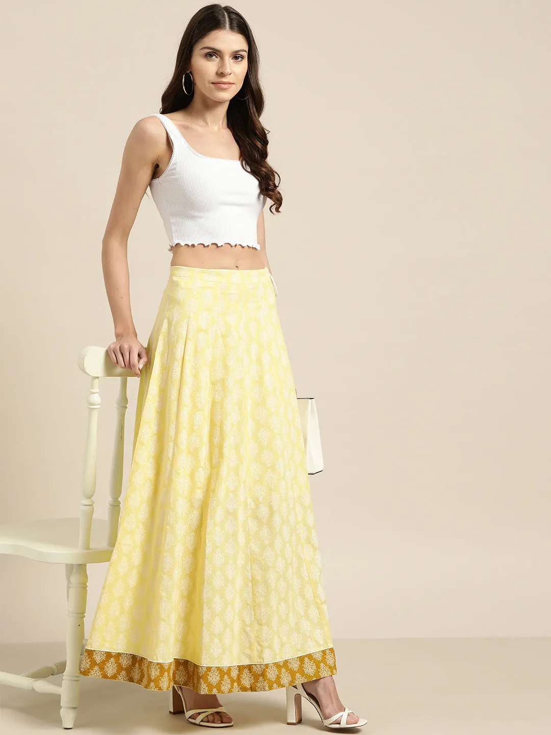 Women Yellow Floral Anarkali Skirt With Solid Border