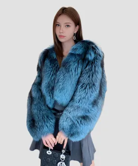 Women's Blue Dyed Silver Fox Fur Jacket