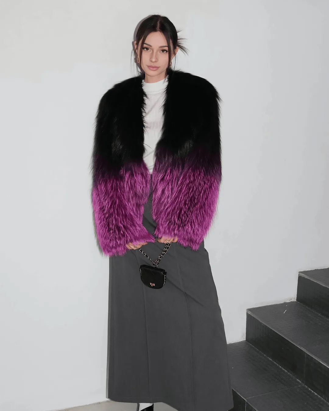 Women's Hot Pink & Black Gradient Silver Fox Fur Jacket