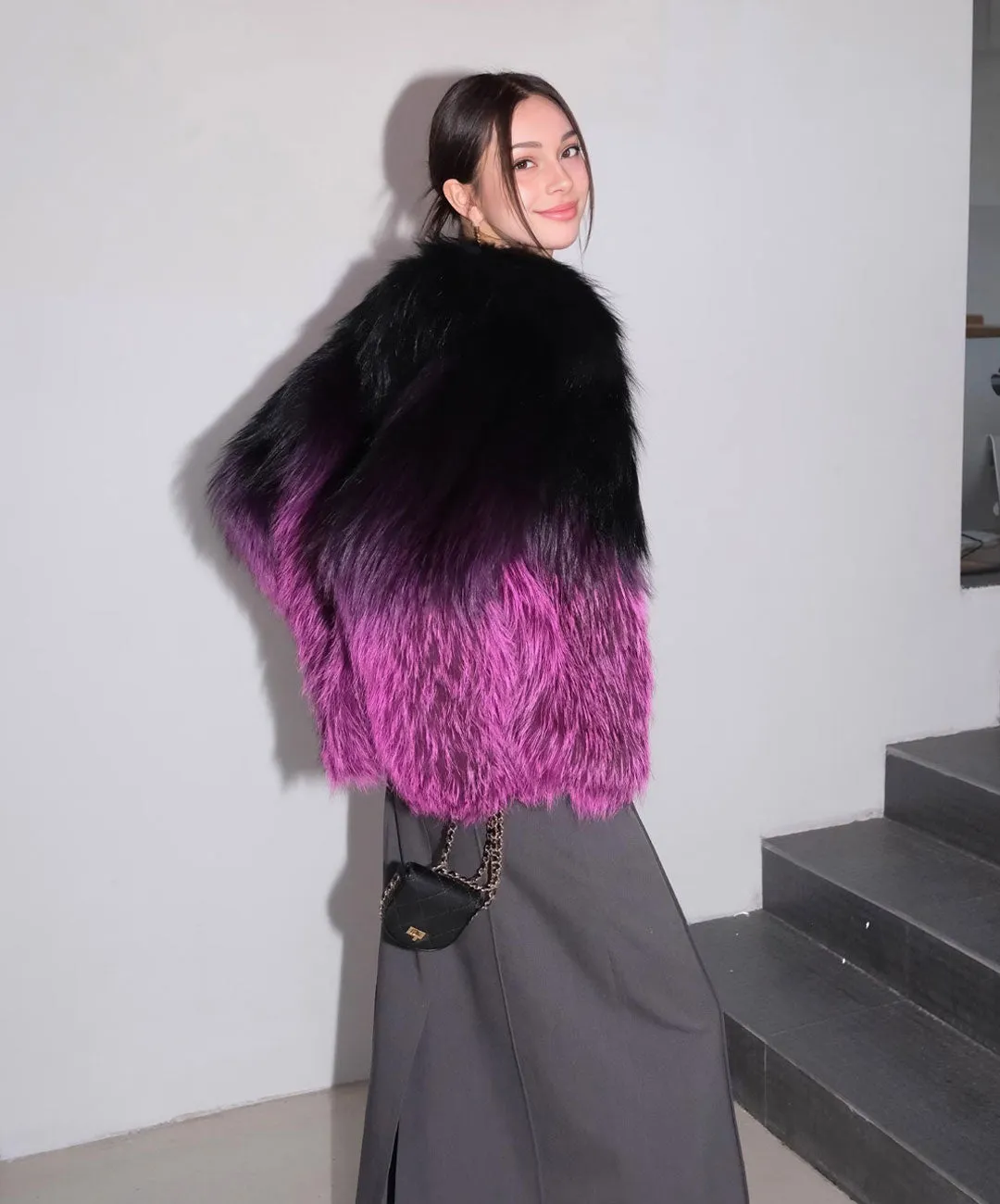 Women's Hot Pink & Black Gradient Silver Fox Fur Jacket