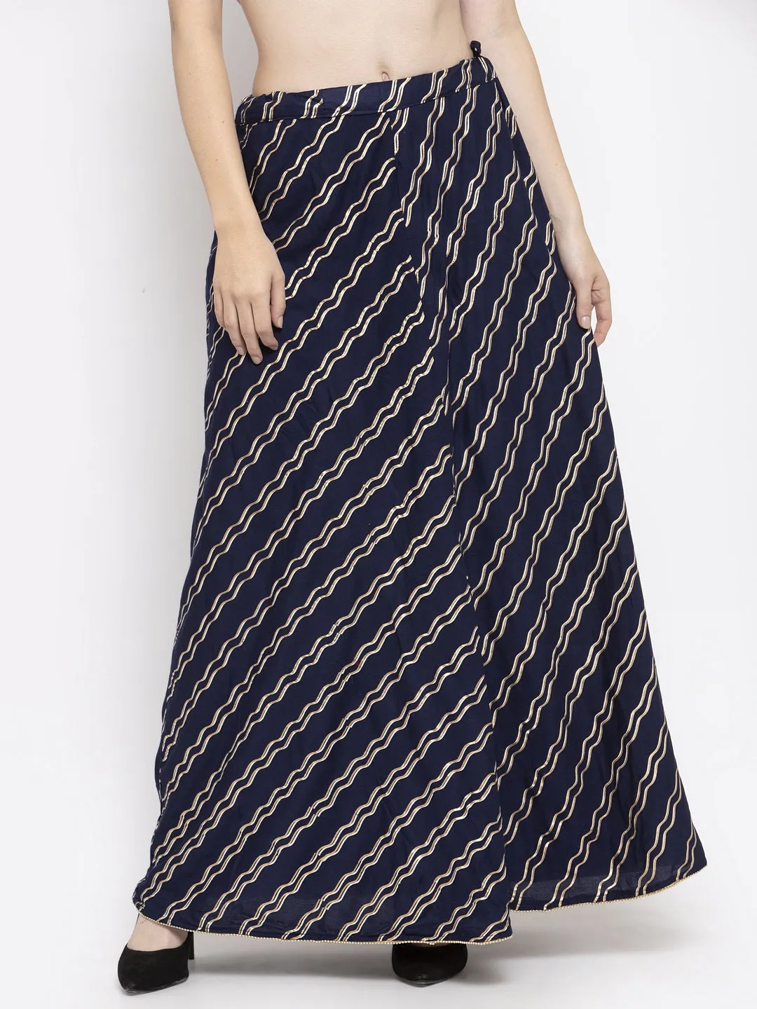 Women'S Navy Blue Printed Flared Rayon Skirt