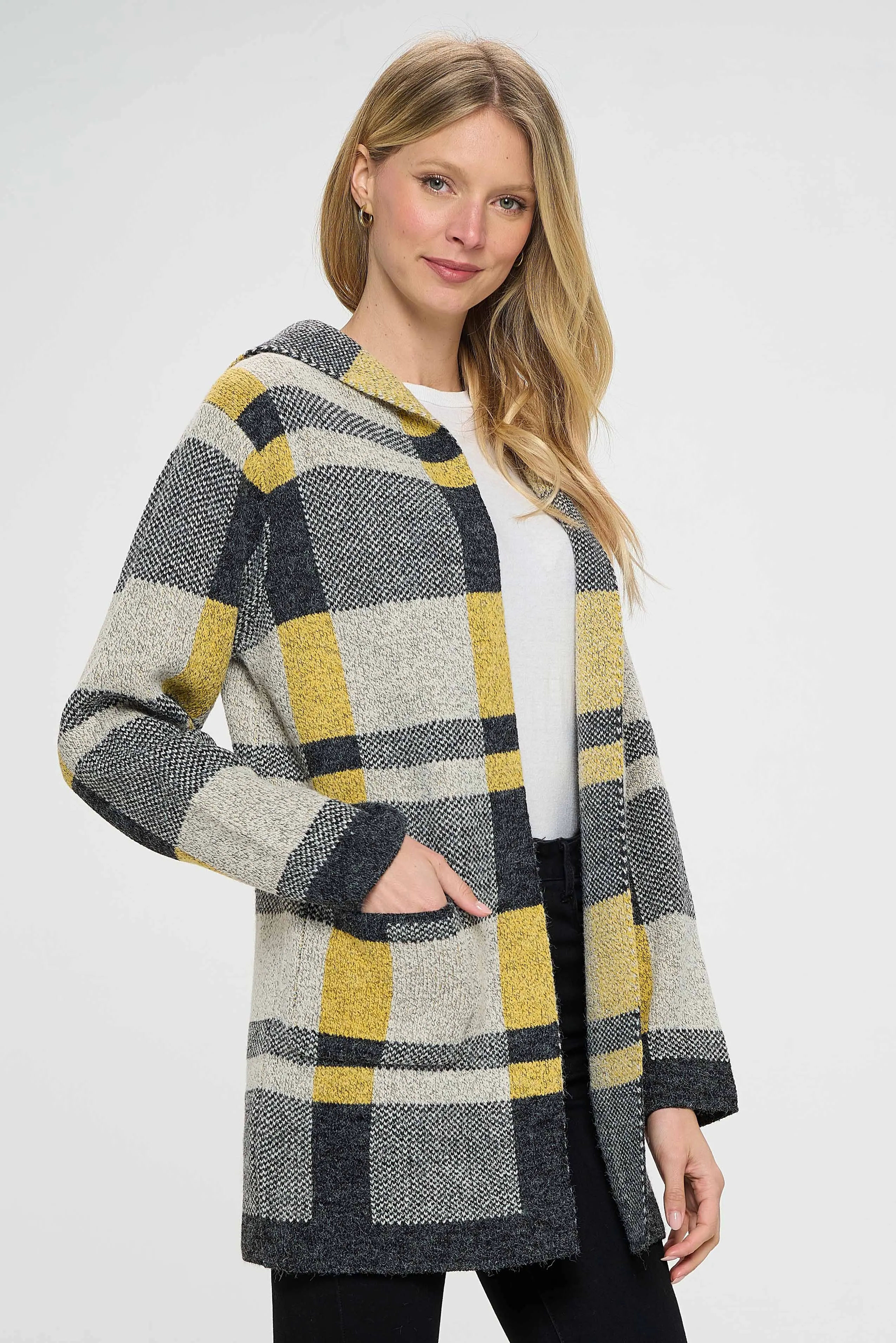 Yellow and Black Plaid Design Cardigan